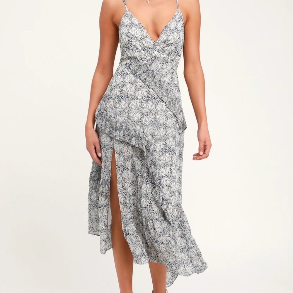Light Blue Floral Print Ruffled Midi Dress